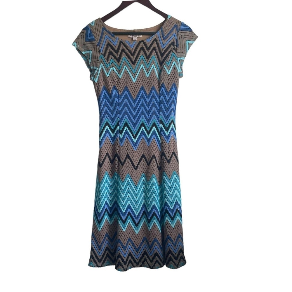 Sharagano Women Boho Retro Chevron Sheath Dress 6 Blue Zig Zag Crochet Knit